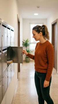 Woman checking mailbox in modern apartment hallway, conveying daily life and residential convenience