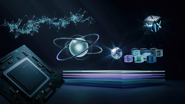 Quantum processor chip glows beside an atomic model and hovering data cubes on a layered technological background.