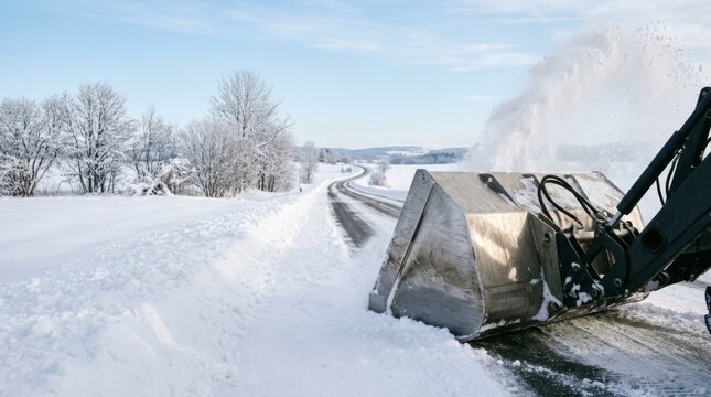 Snowblower bucket clearing icy road in winter landscape, bright daylight with copy space