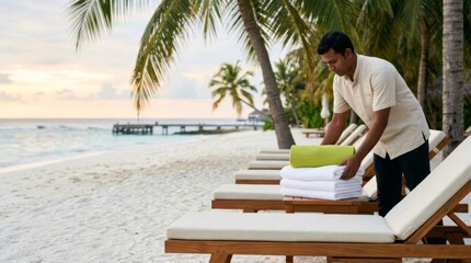 Fototapeta premium Resort staff arranges towels on sun loungers at dawn, creating a serene beach ambiance with soft light and palm trees.