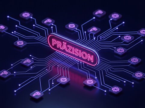 Pr&auml;zision als leuchtendes Neonschild im vernetzten Technologiesystem