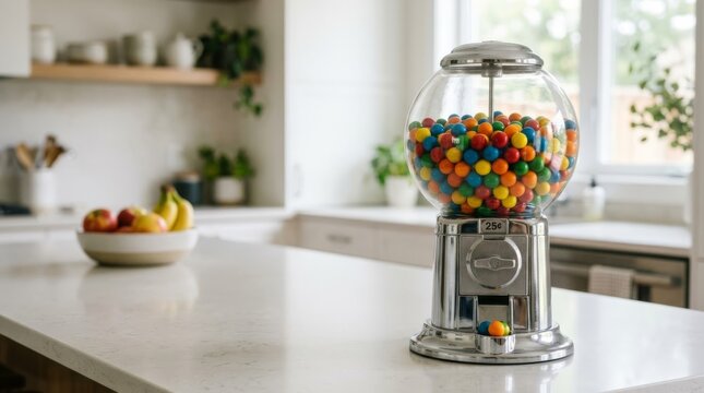 Colorful gumball machine on a bright kitchen island, offering sweet treats and fun, with ample copy space for design.