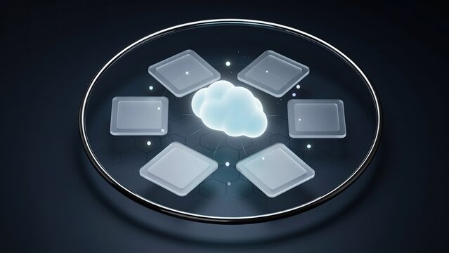 Cloud icon floating above several square digital interface modules arranged in a perfect circle.