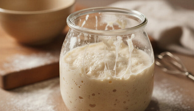 Sourdough culture in a glass jar with a lively texture on a wooden kitchen surface