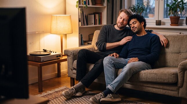 Zwei M&auml;nner entspannen bei Musik vom Plattenspieler auf der Couch