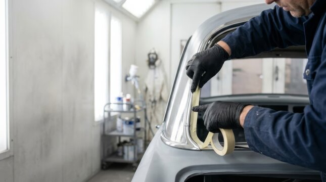 Car painter meticulously applies masking tape to chrome trim in a bright, modern auto body shop, preparing for precision auto repair and restoration.