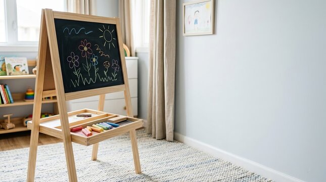 Wooden chalkboard easel with colorful chalk drawing, ready for children's creative art play in a bright, airy room with natural light.