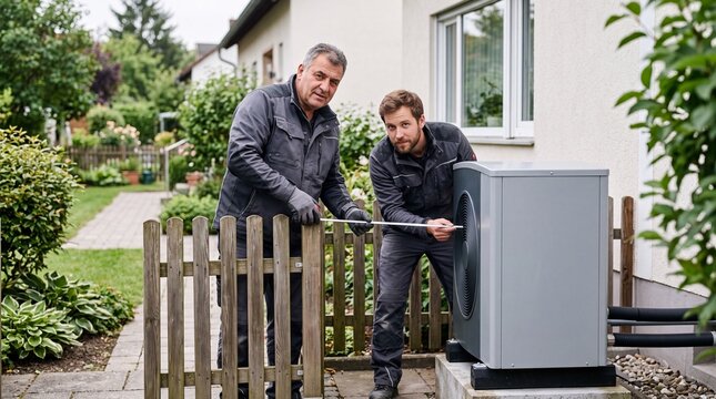 Installateure messen Sicherheitsabstand der W&auml;rmepumpe zum Zaun