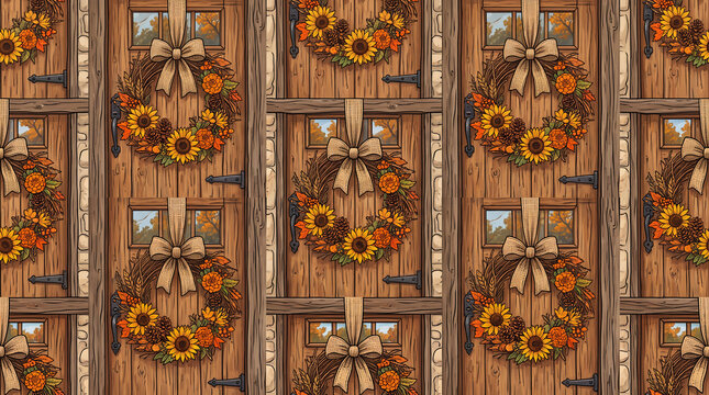 tiling design of circular autumn wreaths crafted from dried sunflowers orange marigolds pinecones tied together with thick burlap ribbons hanging on rustic wooden front home doors