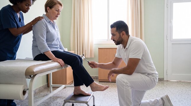 Arzt pr&uuml;ft Kniereflex bei Patientin mit Reflexhammer