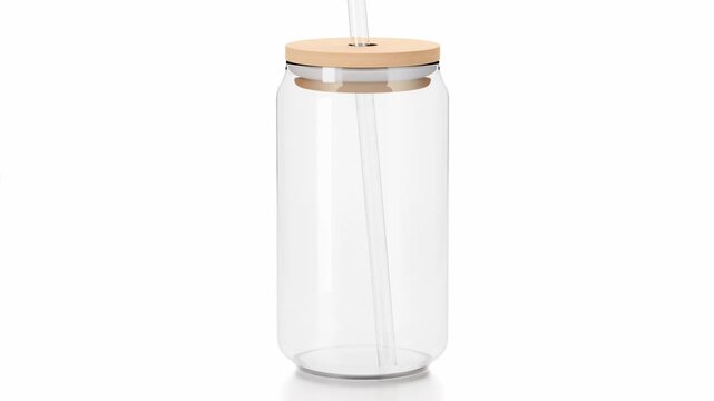 Realistic rotating 16 oz glass can video mockup with a bamboo lid on a transparent background. Perfect for showcasing wraps, labels, and branding with smooth 360 degrees animation.