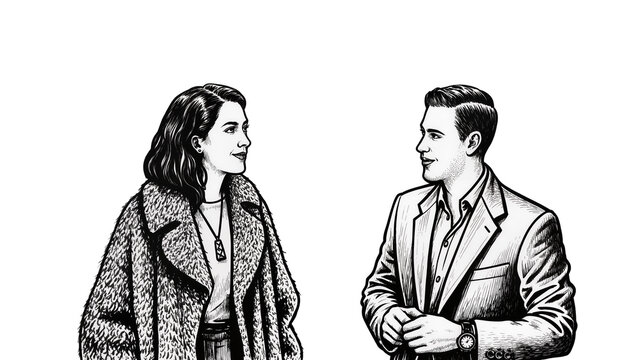 Isolated black and white illustration of stylish man and woman interacting in retro graphic novel art