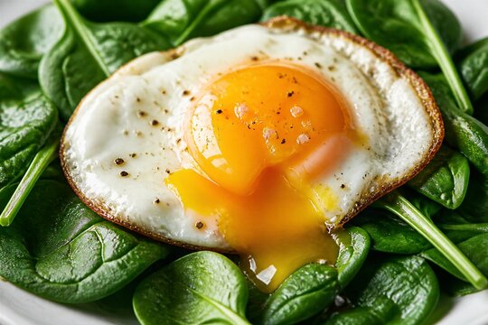 A fried egg sits on a bed of fresh spinach leaves. The yolk is runny and surrounded by the white of the egg. This dish is ready to be served for breakfast or a light meal.