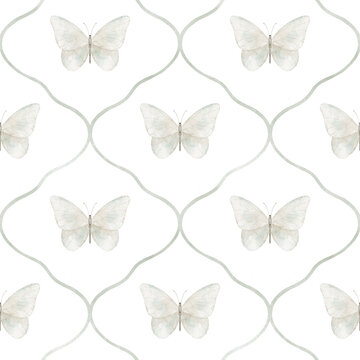 Butterfly seamless pattern with butterflies arranged in ornamental framework. Watercolor illustration of light decorative background for textile, wallpaper and wrapping paper in pastel colors.