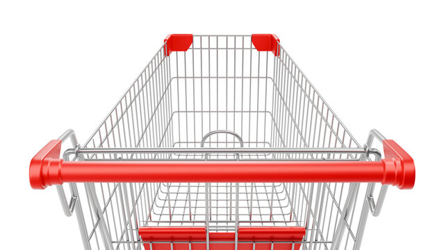 First-Person View of Shopping Cart on Isolated White Background, Empty Retail Trolley, 3D Render