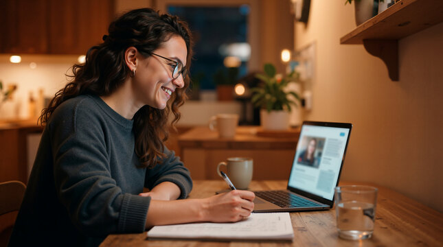 Smiling young woman working on laptop at home office. Adult female taking notes during a video conference call. Remote working and online learning concept