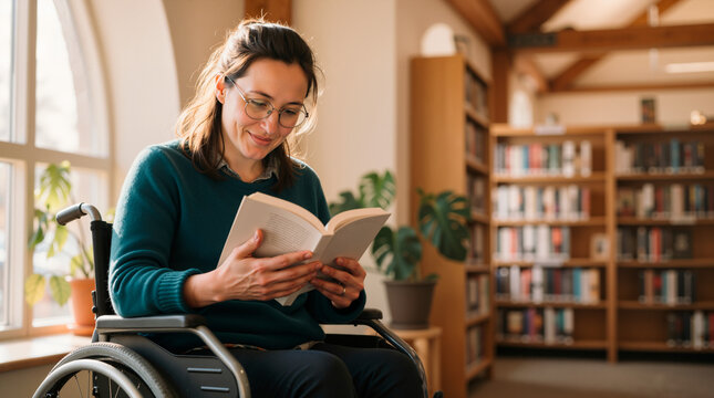 Smiling woman in wheelchair reading a book in a library. Happy disabled female student studying with bookshelves in background. Accessibility and inclusion concept