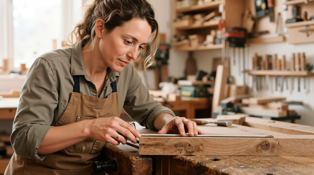 Female carpenter measuring wood with a ruler in a workshop. Professional woman woodworker working at a workbench. Craftsmanship and manual labor concept