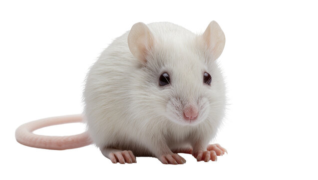 Isolated cute little white mouse with dark eyes looking straight ahead, sweet pet rodent
