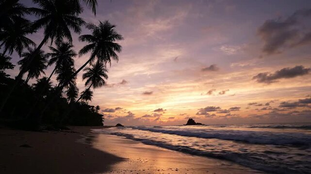 Tropical beach sunset with palm trees and gentle ocean waves at dusk