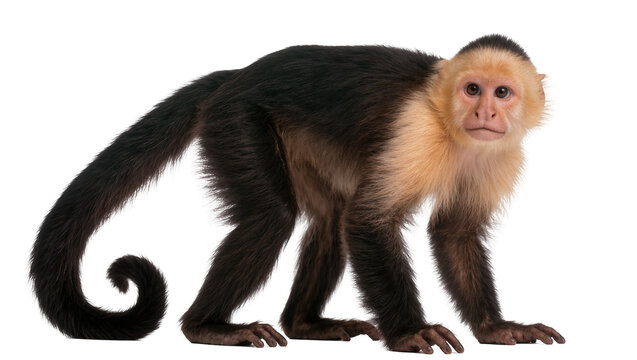 Isolated capuchin monkey standing and looking with curious expression, full length studio shot