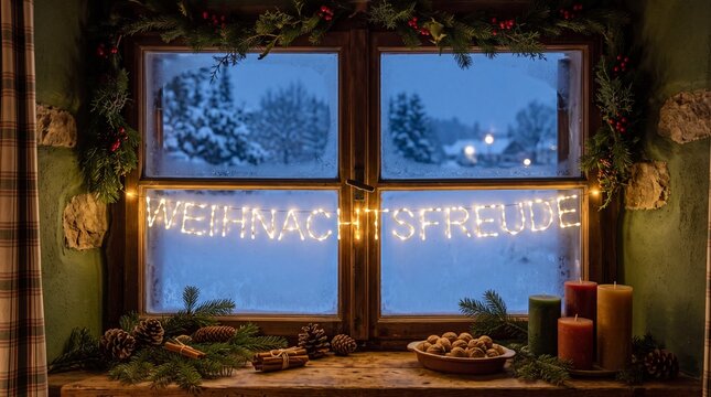 Weihnachtsfreude leuchtet als Lichterschrift im Adventsfenster