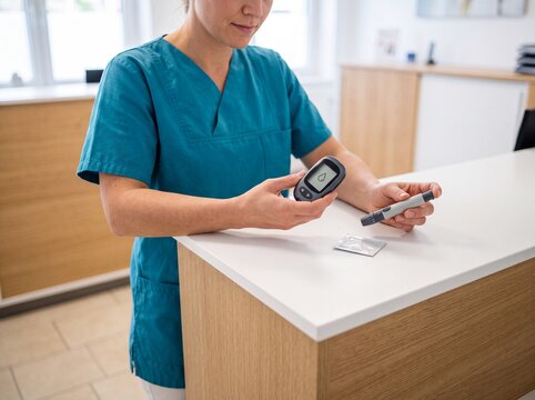 Medizinische Fachangestellte bereitet Blutzuckermessung in Praxis vor