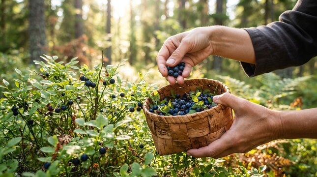 Woman gathering wild blueberry in forest. Hand harvesting ripe berry into wooden basket. Organic food gathering, healthy summer nature activity and traditional berry picking concept