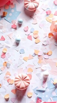 Vertical video: Moving camera revealing pink squishy on craft table, showing beads and confetti