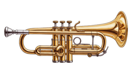 Obraz premium Isolated shining golden trumpet, a traditional brass wind instrument for musical performance.