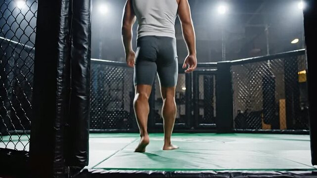 Close-Up Of An Athlete Stepping Barefoot Through An MMA Training Facility With Focus On Muscular Calves And Movement