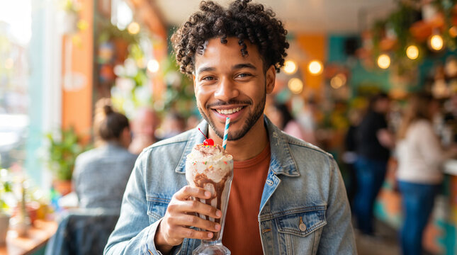 Young man drinking chocolate milkshake in cafe. Smiling guy enjoying sweet dessert with whipped cream and cherry. Leisure time, food and beverage lifestyle, happy customer in restaurant