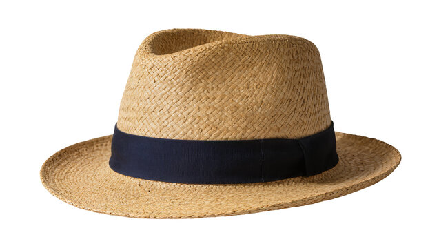 Isolated classic woven straw fedora hat with a dark black band, elegant summer headwear