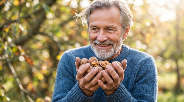 Senior man holding walnuts in his hands outdoors. Happy farmer harvesting organic nuts in autumn orchard. Healthy lifestyle, natural agriculture and seasonal farm food production concept
