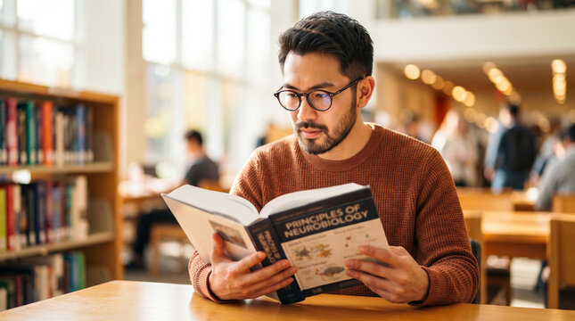 Asian student reading textbook in library. Focused young man studying neurobiology for academic research. Intellectual learning process in university environment. Education and knowledge concept