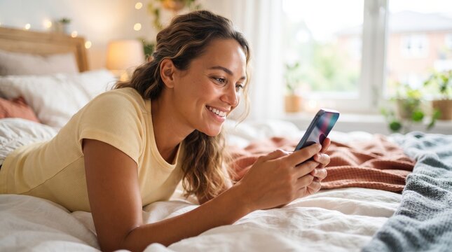 Woman relaxing on bed using smartphone. Happy girl scrolling social media on mobile phone in bright bedroom interior. Lifestyle communication and digital connection technology concept