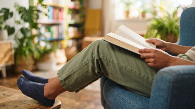 Woman reading a book while sitting in a cozy armchair at home. Relaxed student studying in a comfortable living room environment. Leisure activity and hobby concept for home relaxation