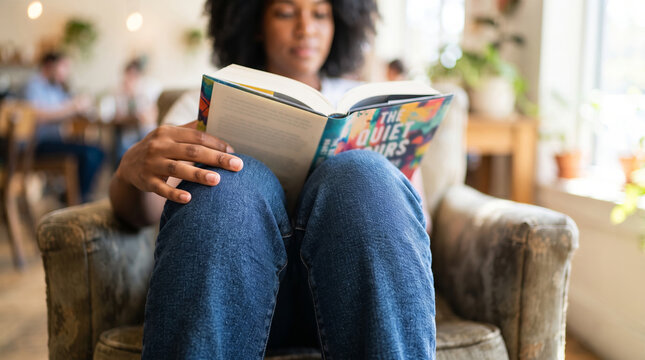 African american woman reading book while relaxing in armchair inside cafe. Young student studying literary novel. Hobby, education, leisure time and lifestyle concept. Cozy indoor scene