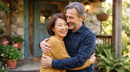 Fototapeta premium Mature man and Asian woman hugging on house porch. Happy senior couple embracing outdoors. Love, relationship, retirement and romantic lifestyle. Joyful emotional connection in garden