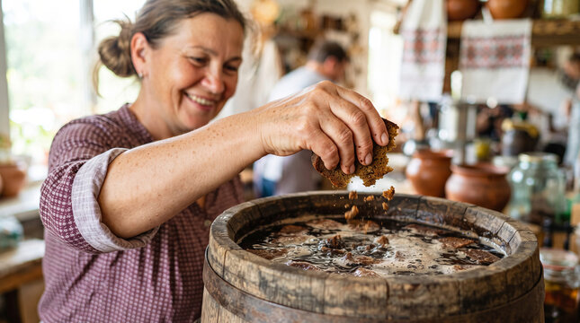 Woman preparing traditional kvass in wooden barrel. Housewife adding rye bread to liquid for fermentation. Rural lifestyle, authentic homemade drink production, rustic homemade kitchen