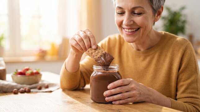 Middle aged woman dipping crisp bread into jar of tasty chocolate hazelnut spread. Enjoying sweet dessert at home kitchen. Relaxed lifestyle concept and delicious food morning snack
