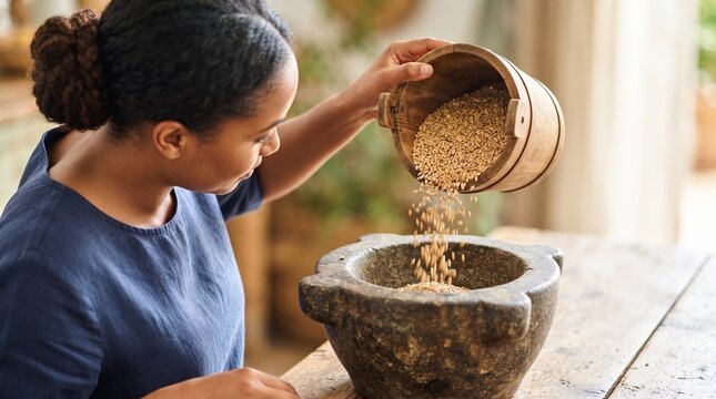 African american woman pouring wheat grains from a wooden bucket into a stone mortar. Traditional food preparation, milling natural cereals for healthy cooking and culinary lifestyle