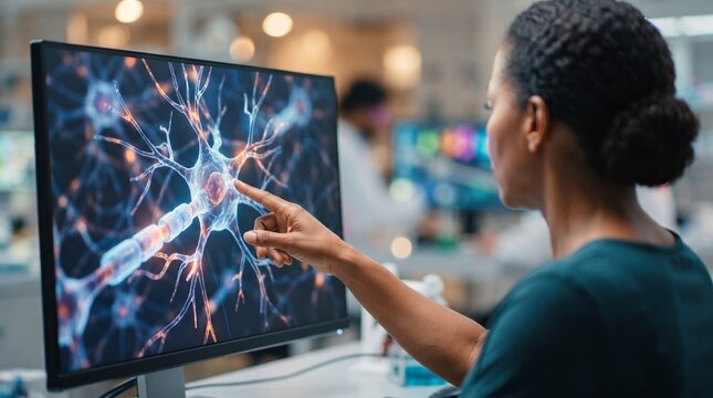 Woman scientist pointing at neuron on computer screen. Biology researcher analyzing brain cell structure. Digital medical innovation, neuroscience study and scientific technology development