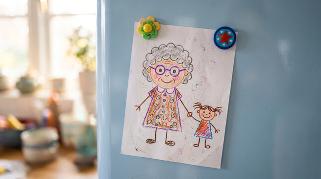 Drawing of a grandmother and a girl holding hands attached to a blue refrigerator. Child artwork representing family love and connection. Touching home scene and grandparent bonding concept