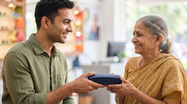 Optician man giving glasses case to senior woman customer in eyewear store. Professional service in optical shop. Health care and vision correction assistance, customer experience concept