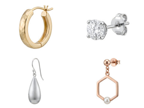 Collection of elegant earrings set isolated on transparent background luxury gold and silver jewelry accessories with pearls and diamonds stylish fashion items for women.