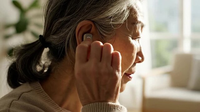 Close-Up Of Senior Woman Adjusting Generic Hearing Aid Behind Ear In Soft Light Indoor Environment