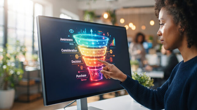 Woman analyzing sales funnel on computer screen. Digital marketing conversion strategy with customer awareness, consideration, decision and purchase stages. Business growth data visualization