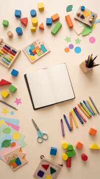 An overhead view captures a vibrant collection of children's craft supplies and educational toys scattered around an open notebook, suggesting a creative project or lesson.