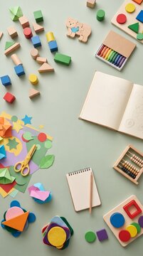 A collection of children's craft supplies, including colorful building blocks, crayons, scissors, paper shapes, and educational toys, are neatly arranged on a light green surface.